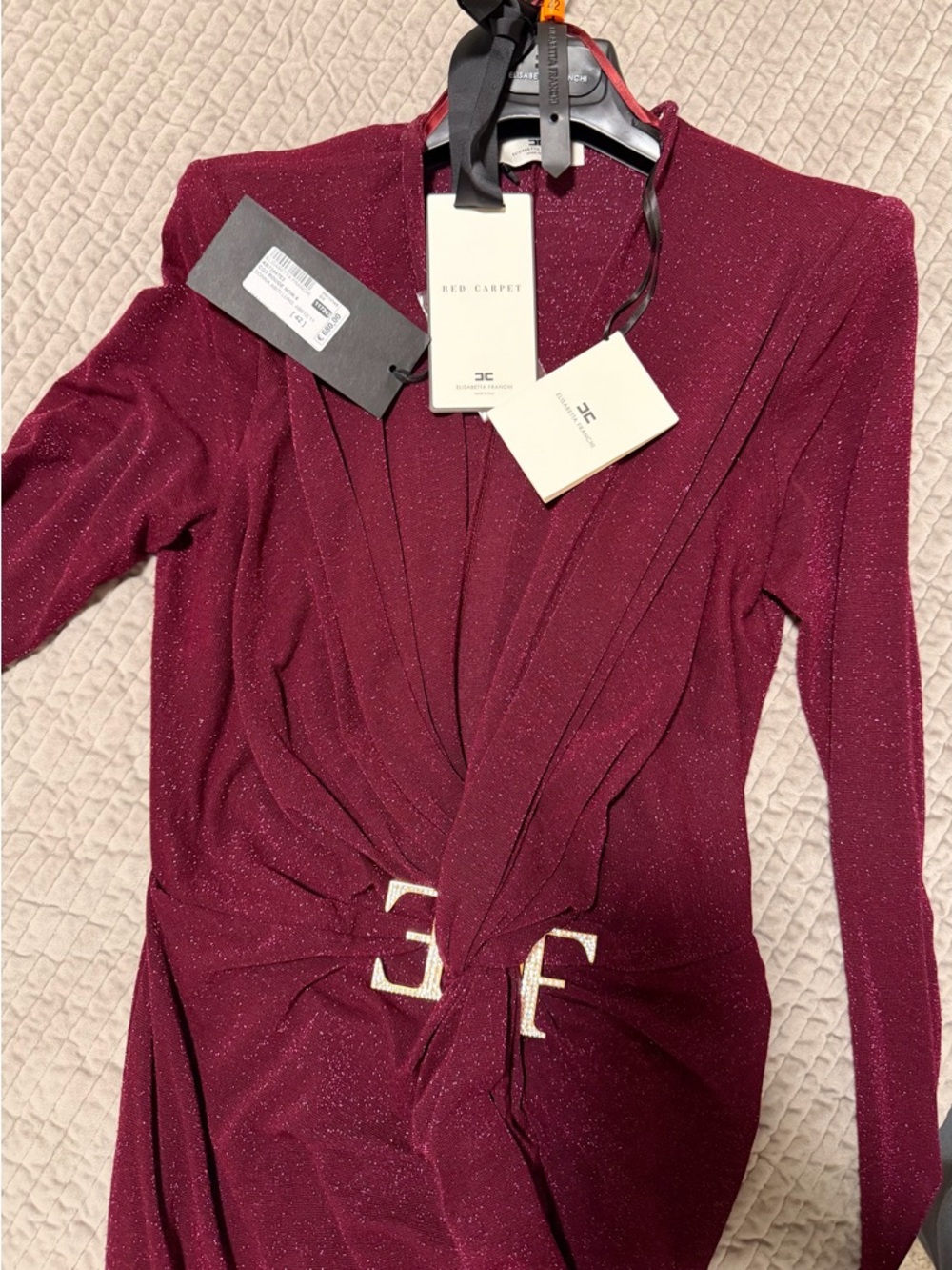 Red Carpet Collection Burgundy Glitter Wrap Dress with Buckle Detail